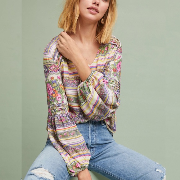 Anthropologie Tops - Anthro. Maeve Ceresco Peasant V-Neck Floral Blouse
